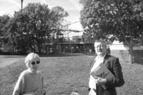 Councillors Sheila Rowland and Brian Gurden near the fire