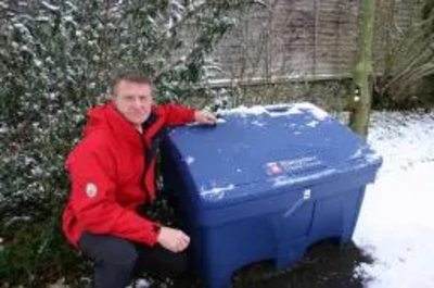 Cllr Hussey at one of the new salt bins